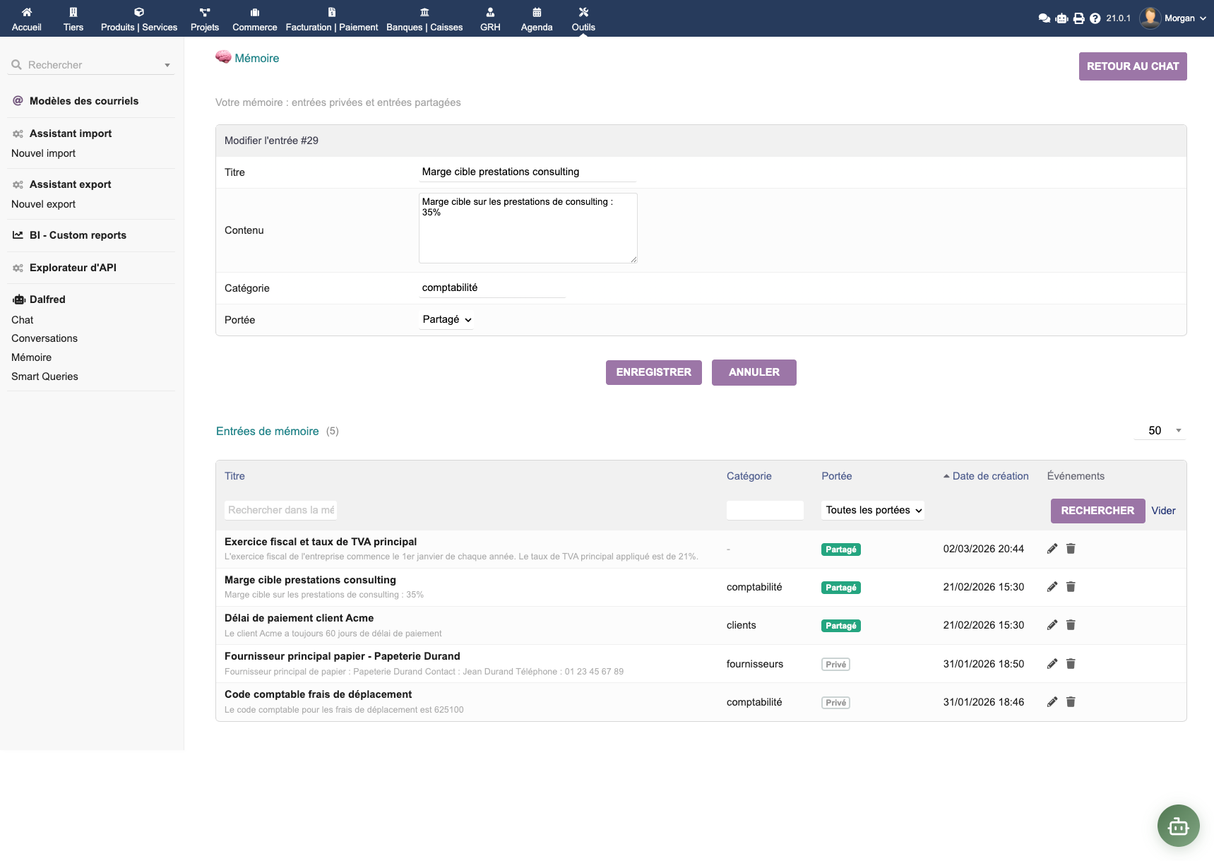 Editing a business memory entry