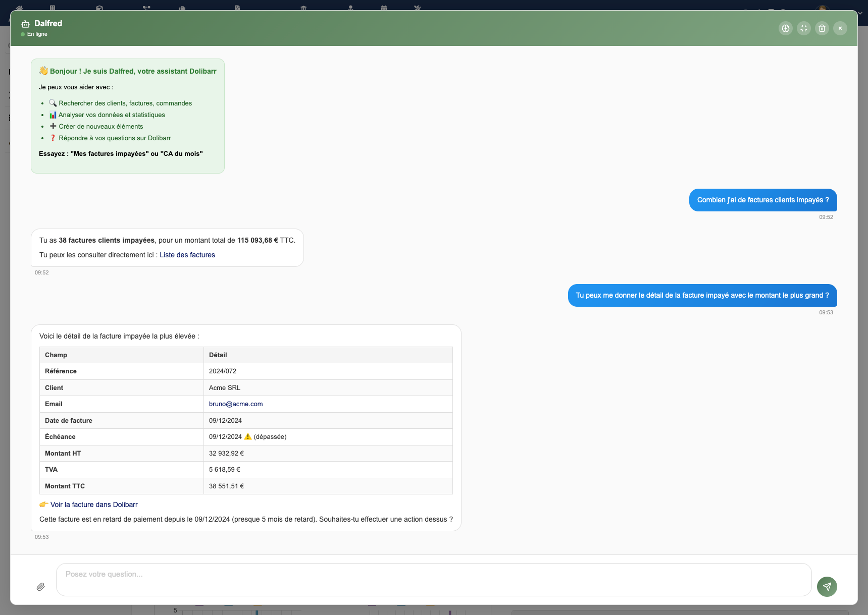 Dalfred widget open on an invoice page