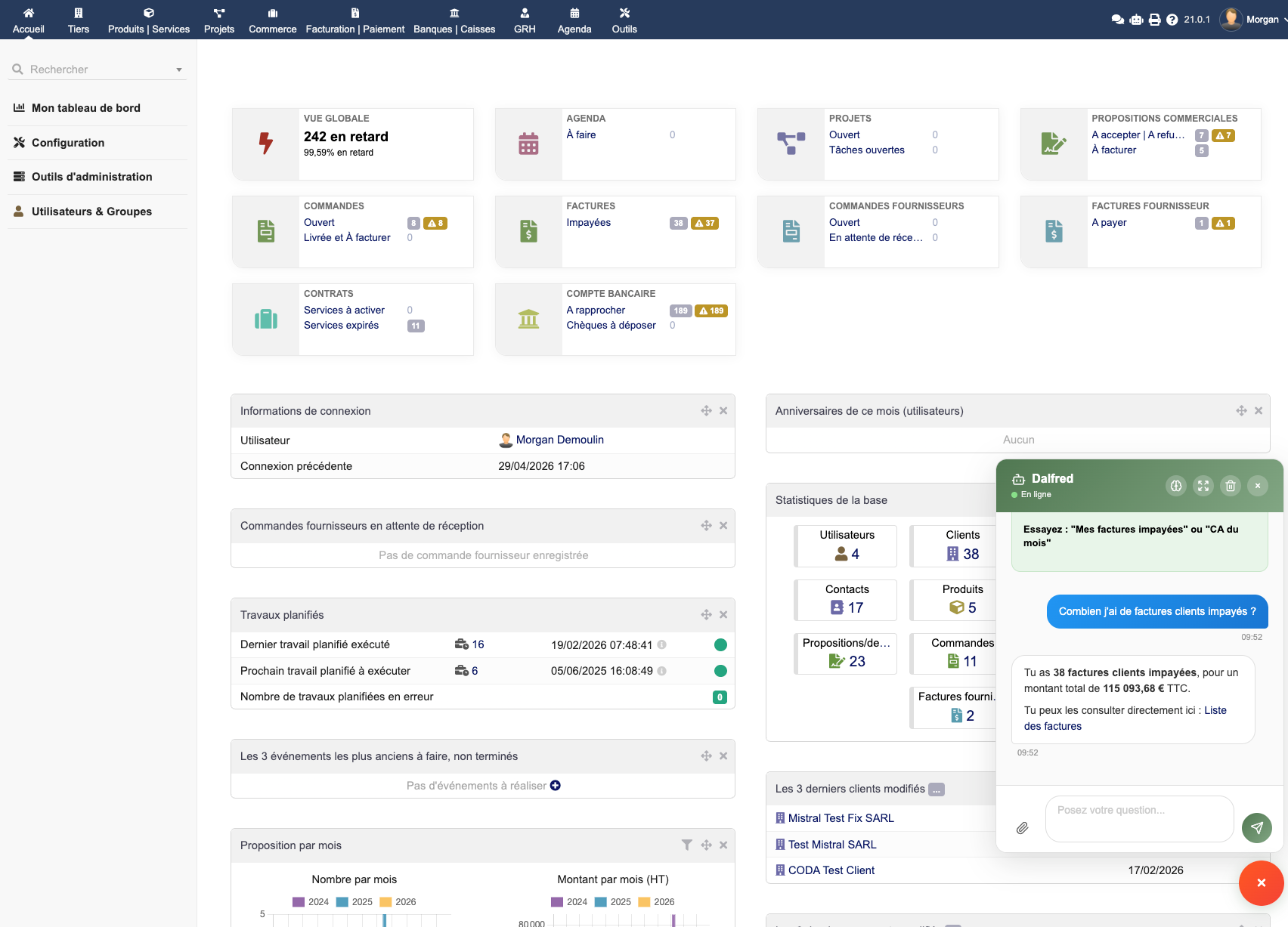 The Dalfred widget on the Dolibarr dashboard