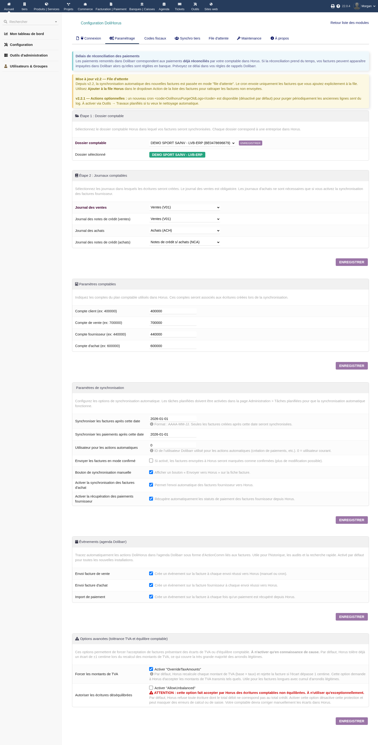 DoliHorus accounting settings with folder, daybooks, accounts and options