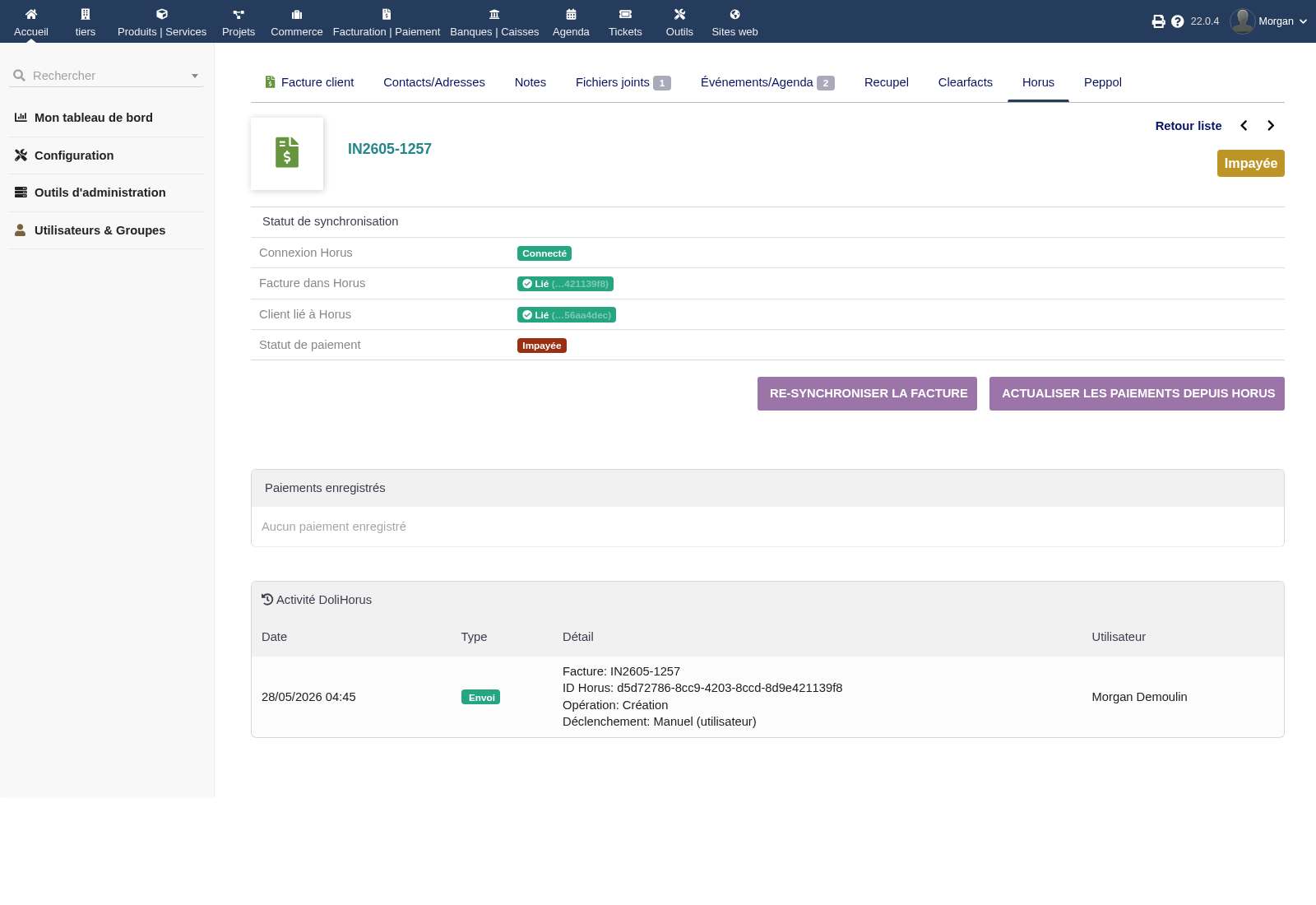 Horus invoice tab with status, payments and activity log