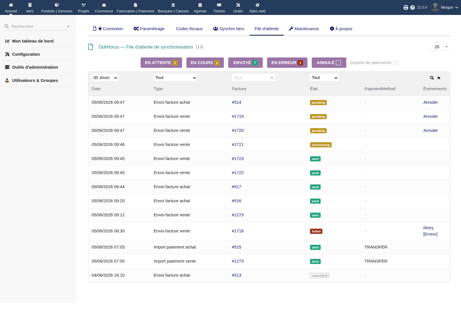 DoliHorus sync queue with counters, filters and Retry / Cancel actions