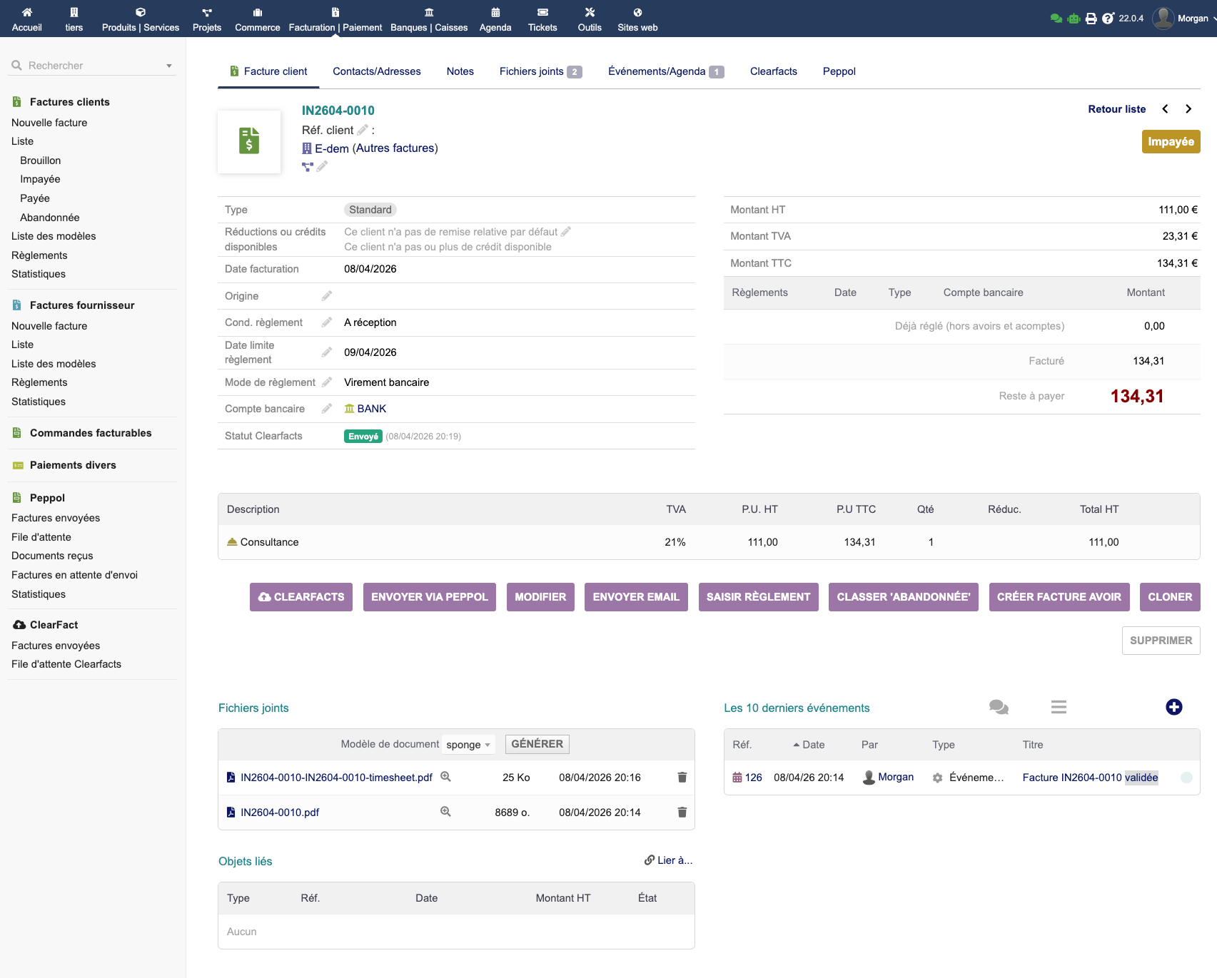 Bouton d'envoi EMClearFacts sur la fiche facture Dolibarr