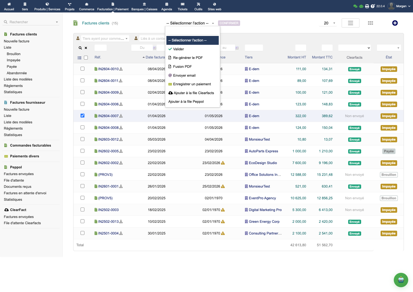 Action de masse pour envoyer plusieurs factures vers Clearfacts depuis la liste