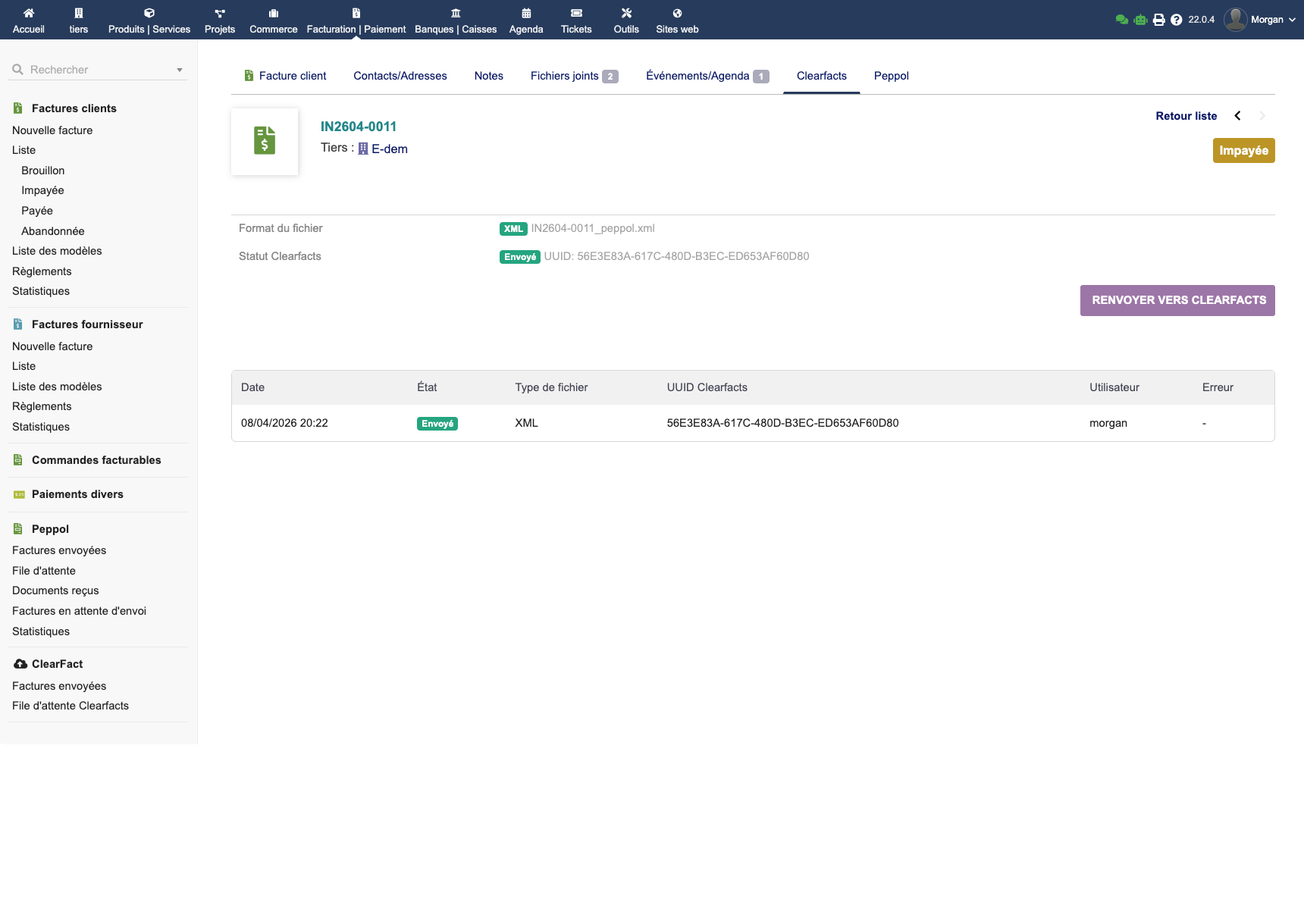 Onglet EMClearFacts sur la fiche facture avec statut d'envoi