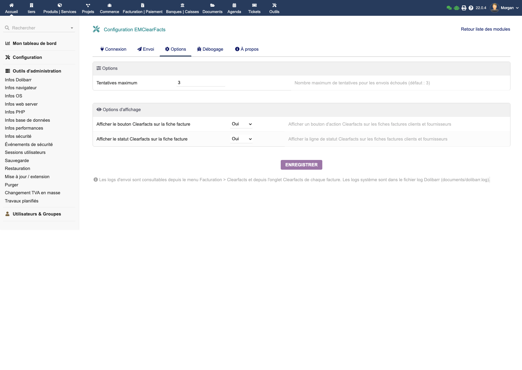 Options avancées et paramètres EMClearFacts