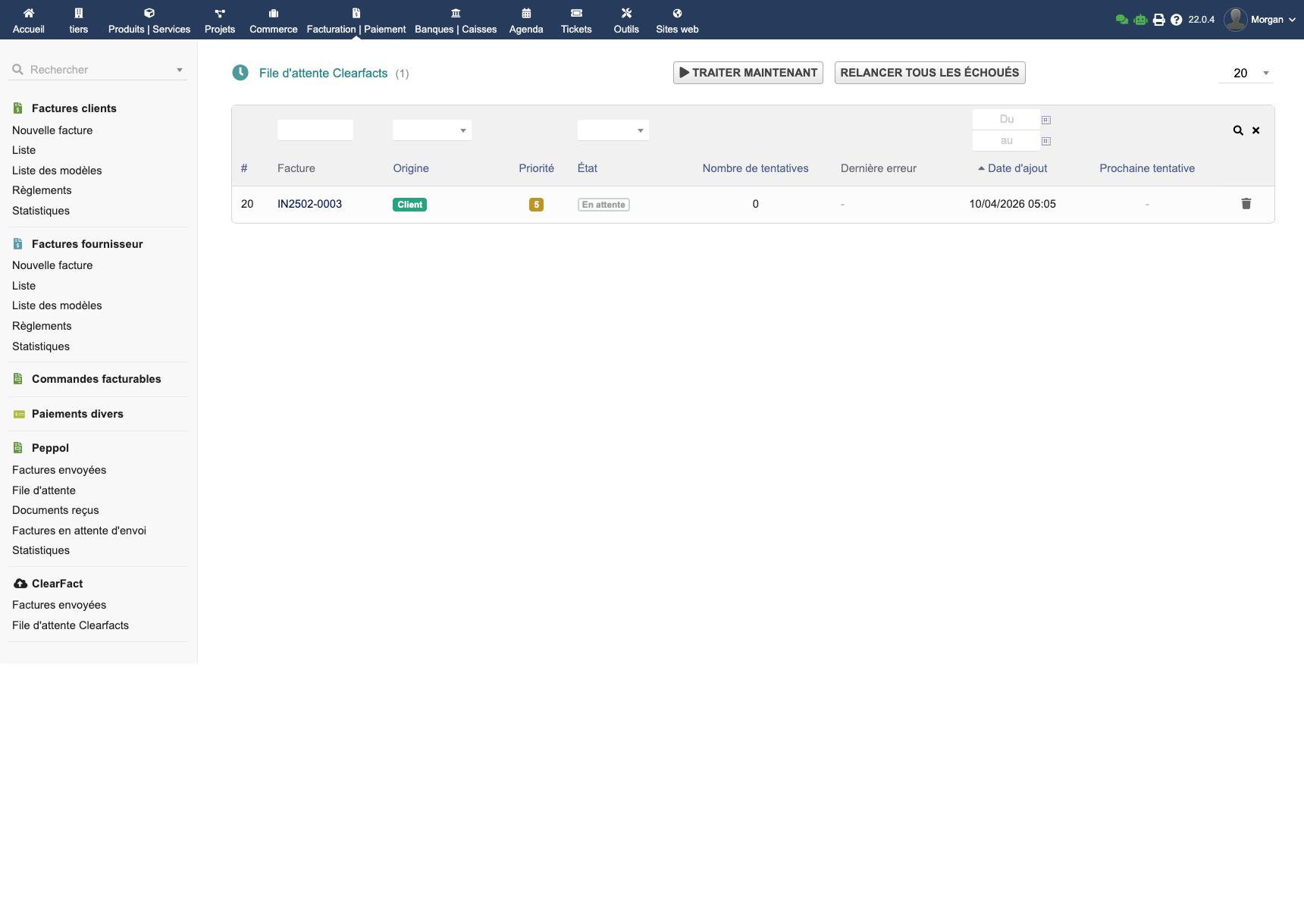 Liste de la file d'attente EMClearFacts avec statuts des envois