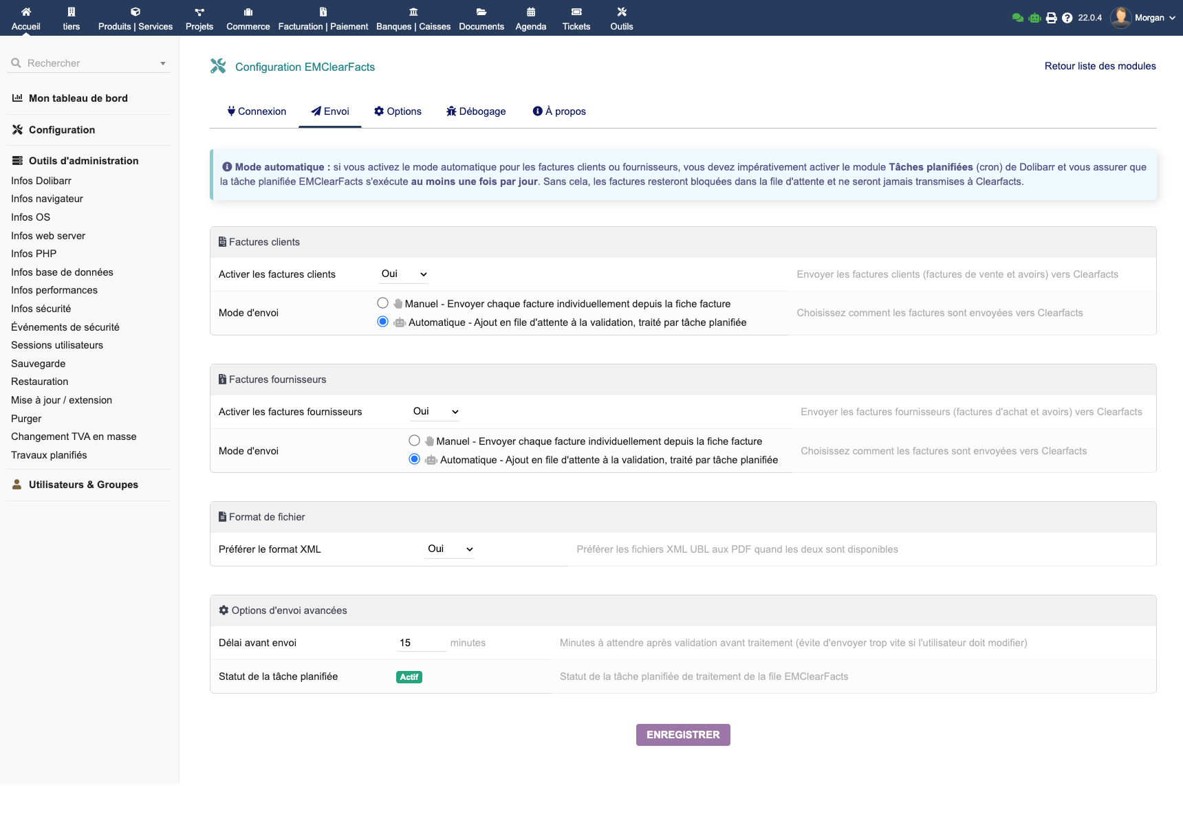 Processus d'envoi d'une facture vers Clearfacts via EMClearFacts