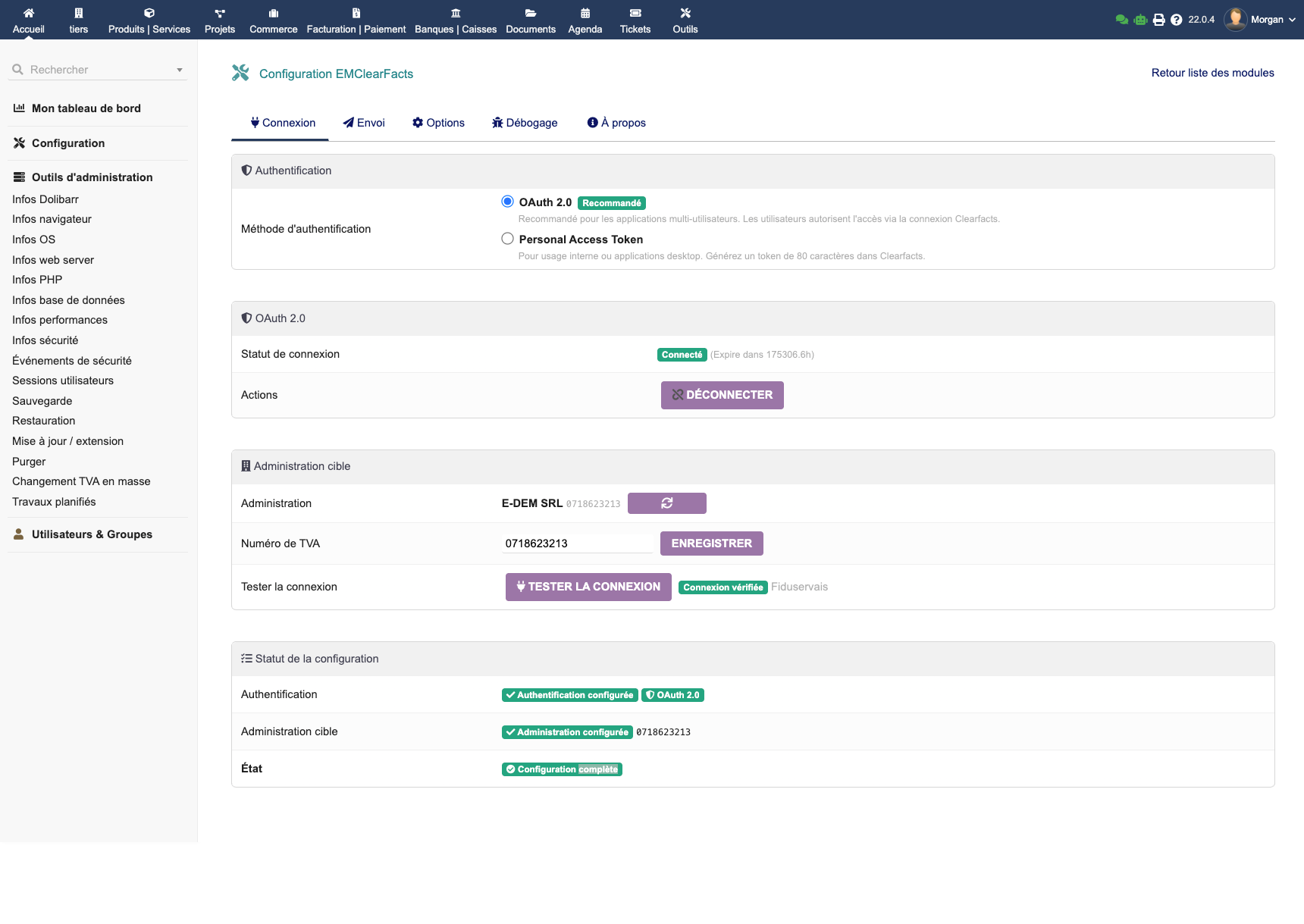Page de configuration EMClearFacts avec paramètres OAuth 2.0