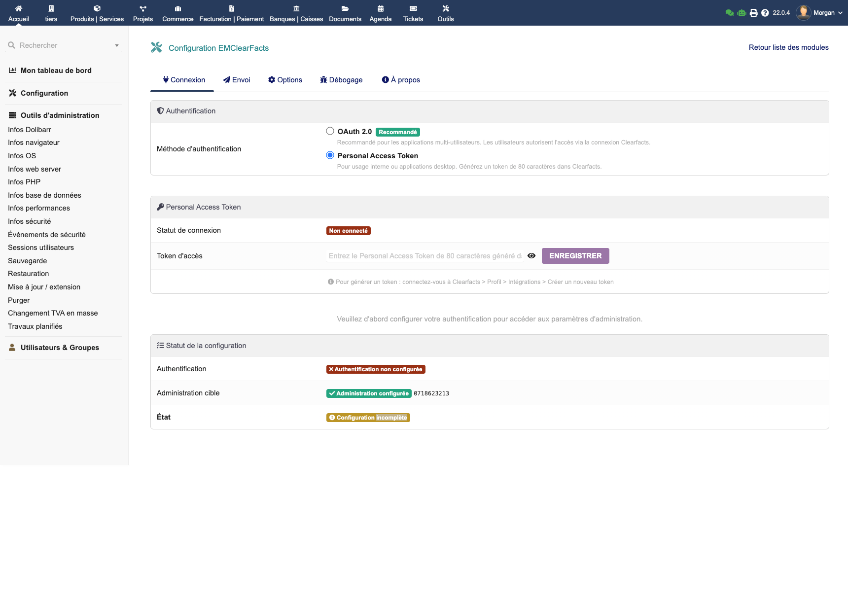 Page de configuration Personal Access Token dans EMClearFacts