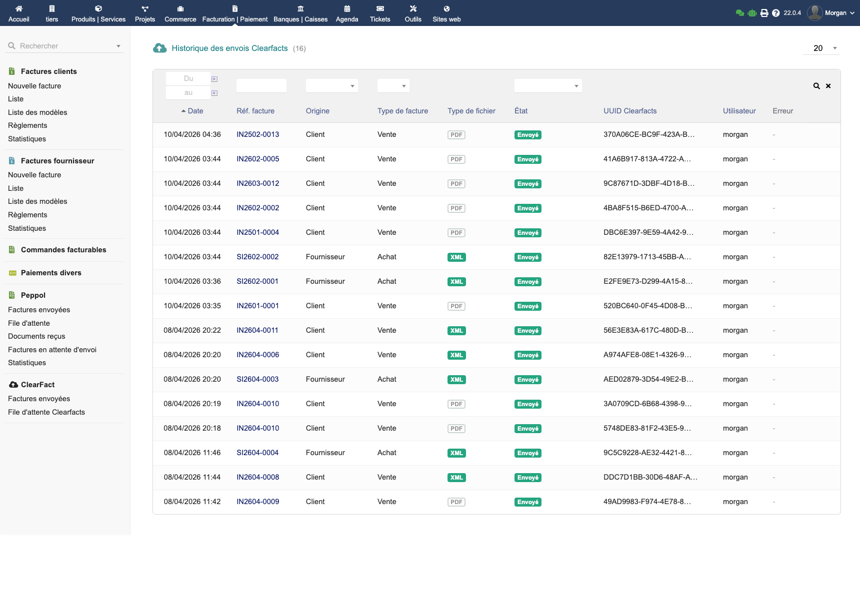Liste des envois EMClearFacts avec historique complet des transmissions