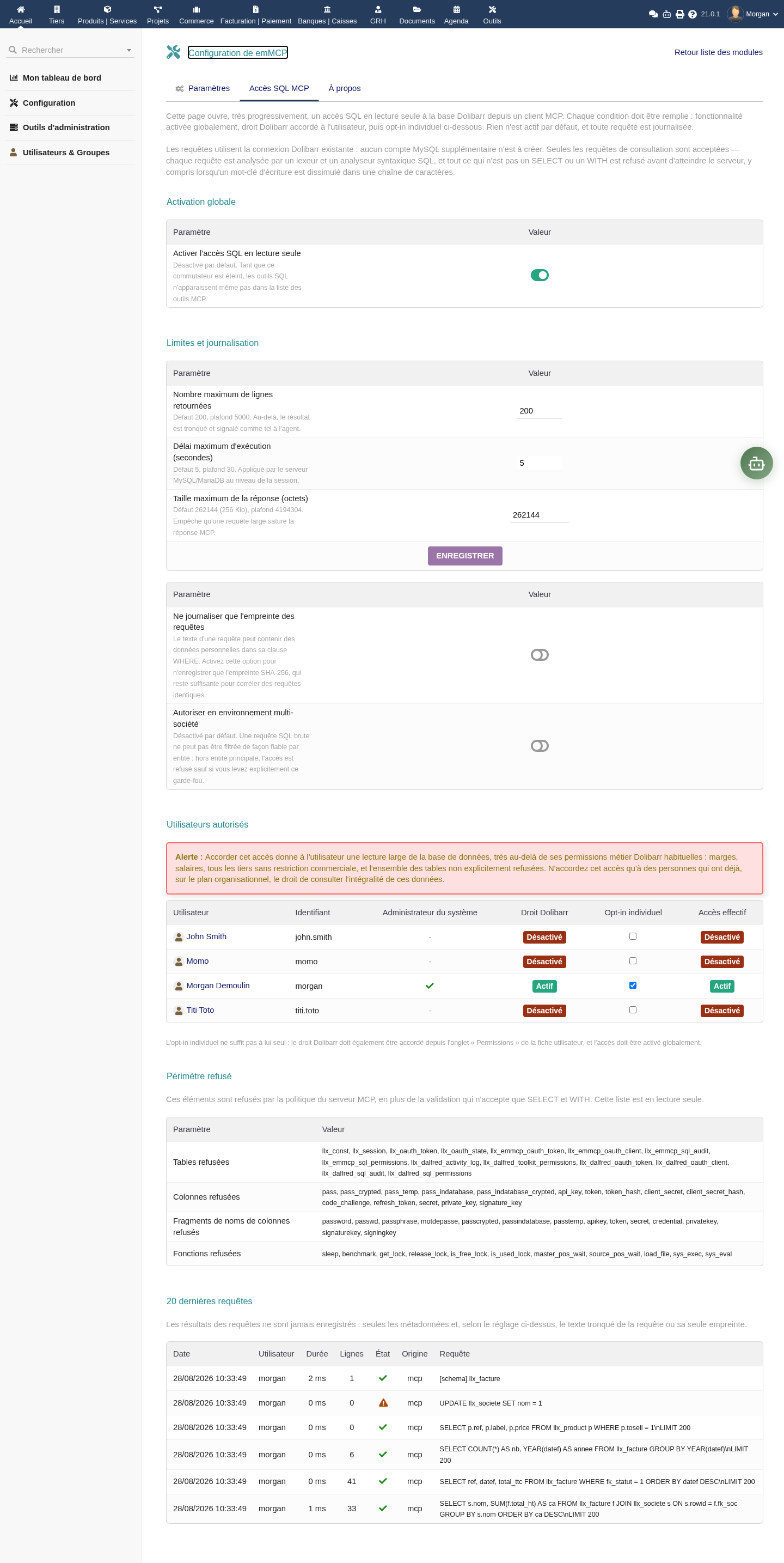Page de configuration de l'accès SQL MCP avec activation globale, plafonds, utilisateurs autorisés et périmètre refusé