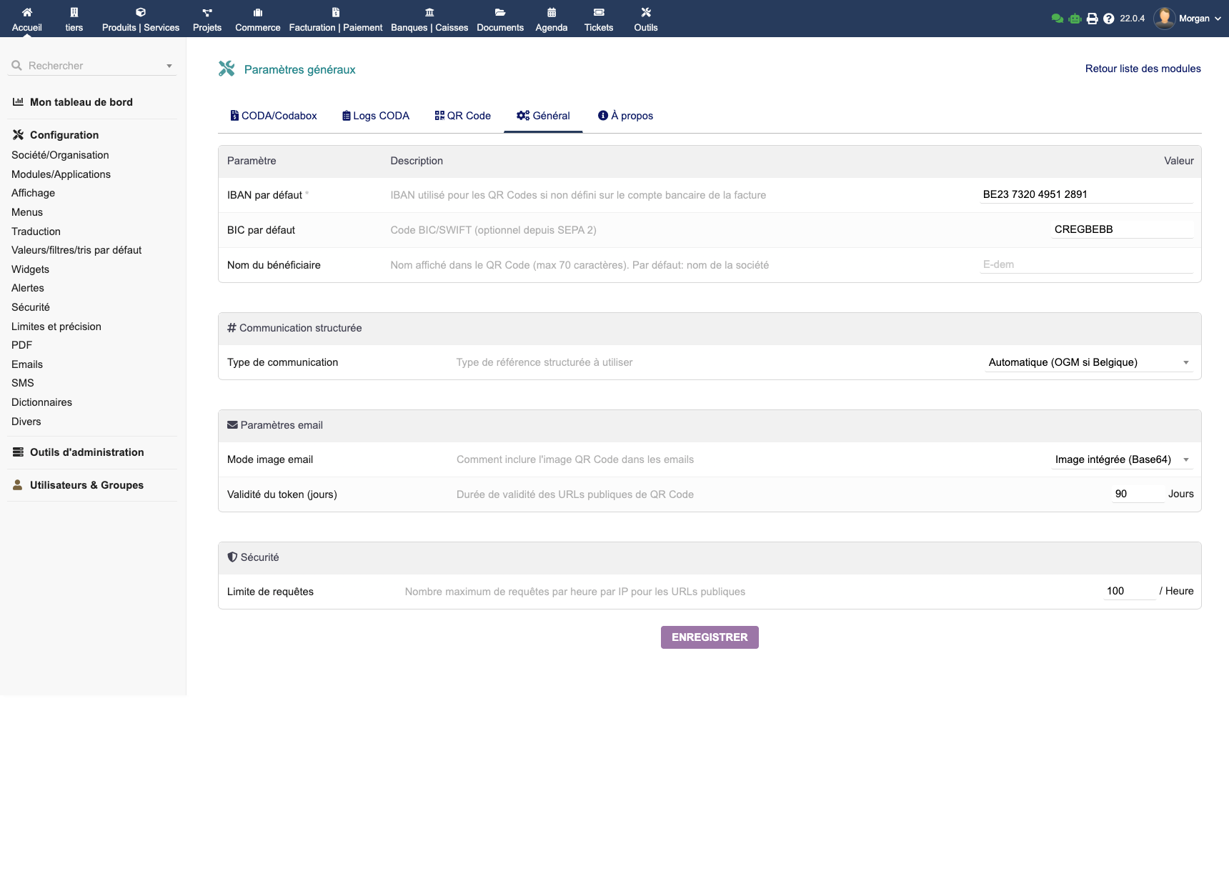 Page de configuration générale d'EMPayment dans Dolibarr