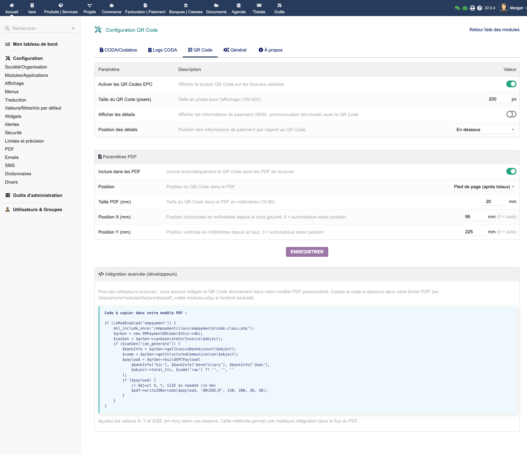 Onglet de configuration du QR Code EPC dans EMPayment
