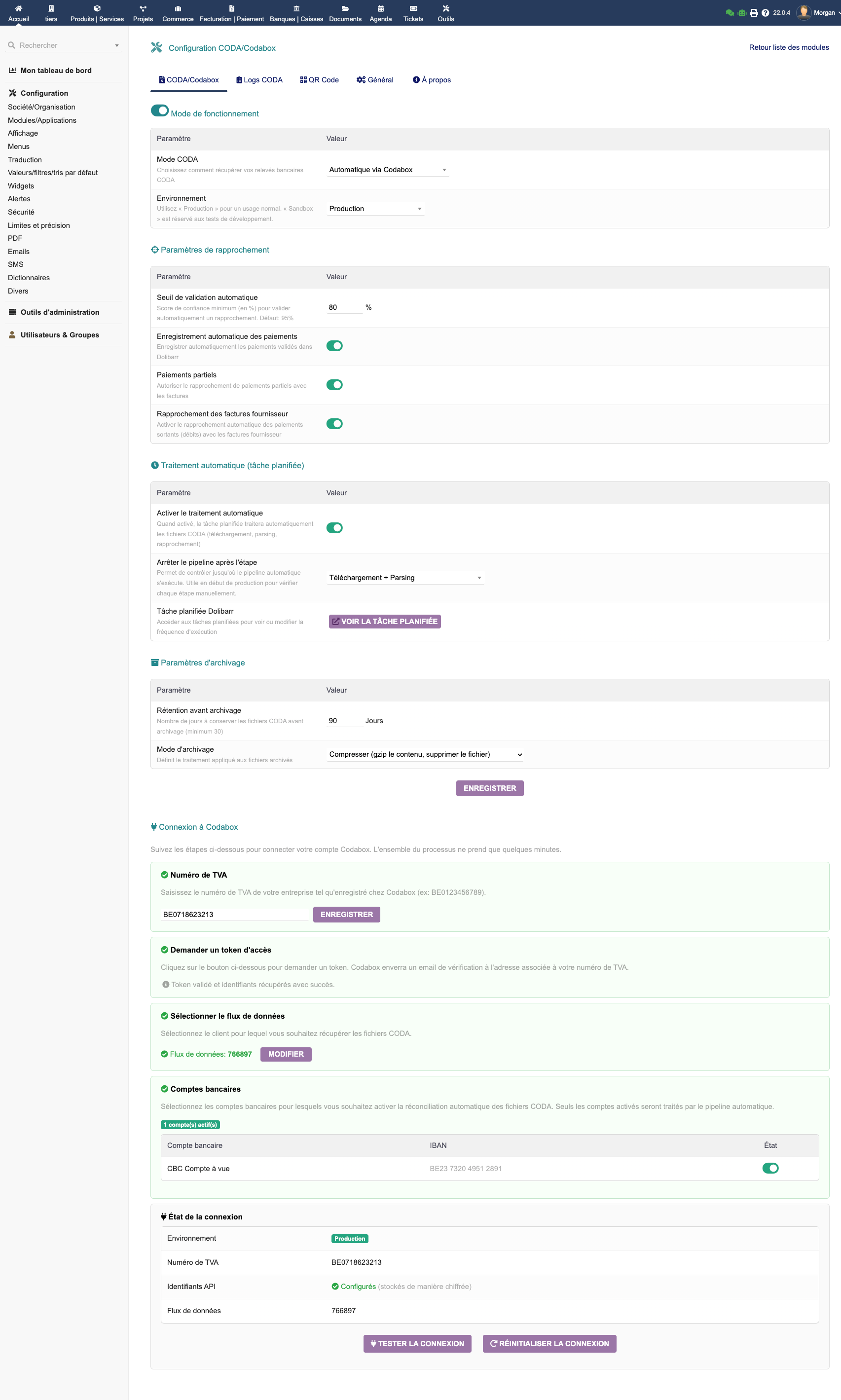 Onglet de configuration CODA et Codabox dans EMPayment