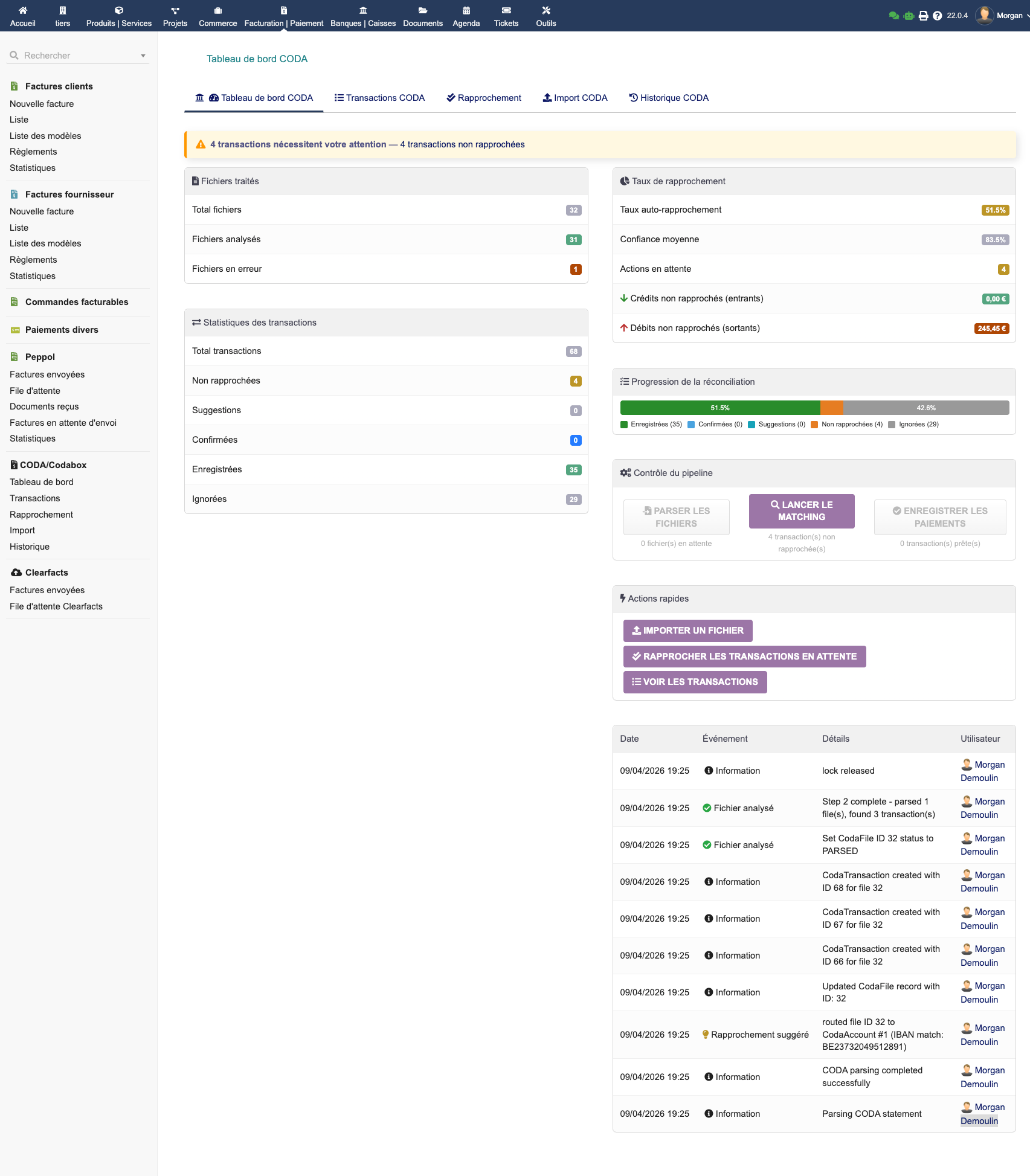 Dashboard CODA EMPayment avec KPIs et progression de réconciliation