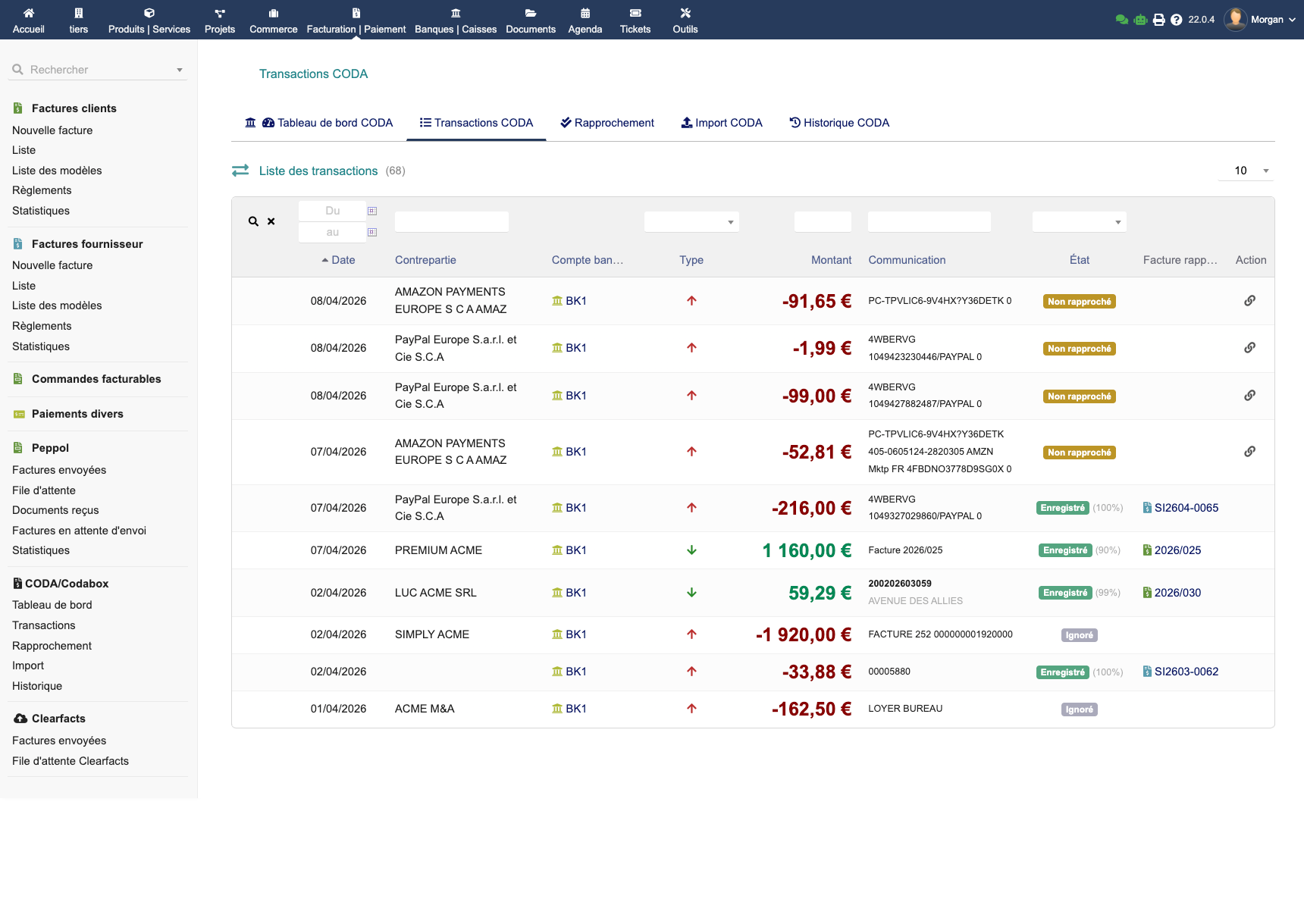 Liste des transactions CODA importées depuis un relevé bancaire