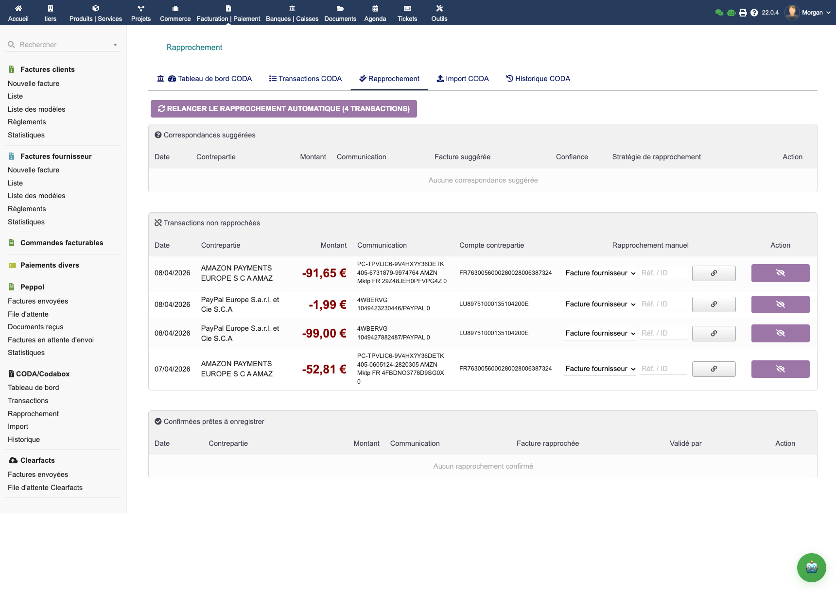 Interface de réconciliation EMPayment avec suggestions et scores de confiance