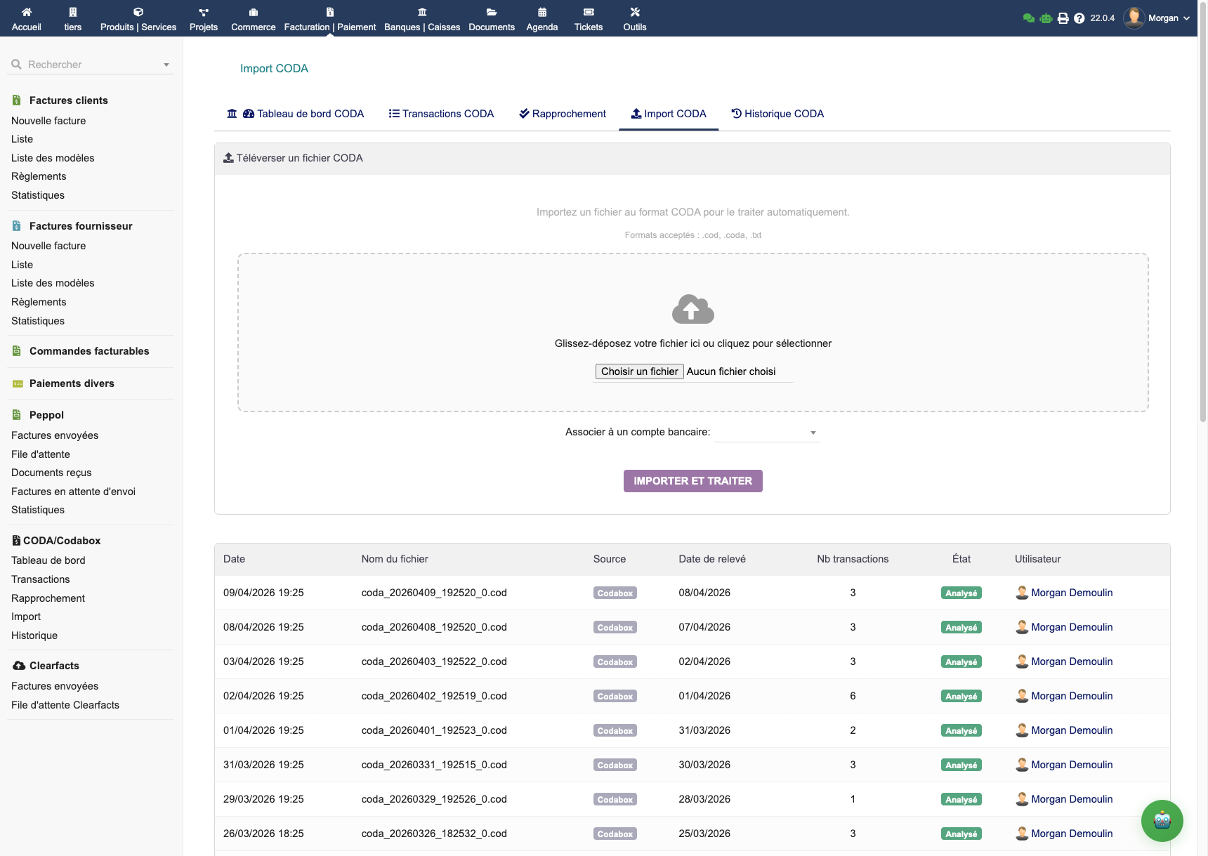 Page d'import manuel d'un fichier CODA dans EMPayment