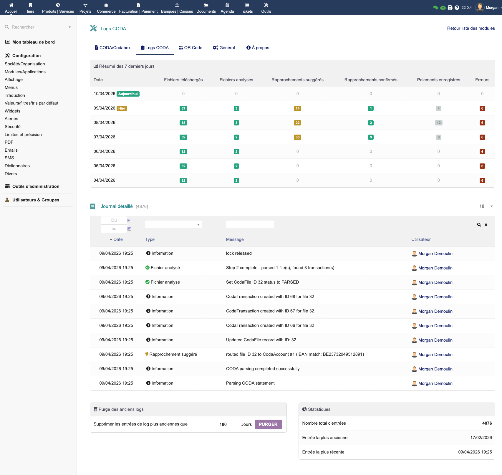 Logs en base de données EMPayment avec filtres et pagination