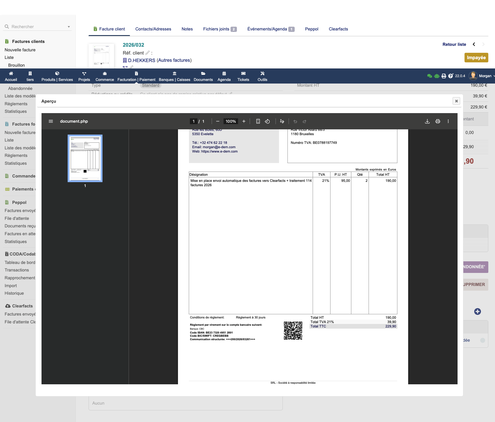 Aperçu d'un PDF de facture avec QR Code EPC intégré