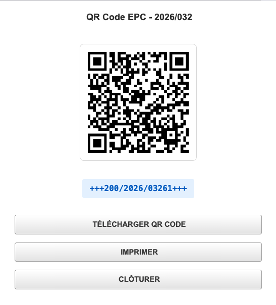 Popup EMPayment affichant le QR Code de paiement SEPA avec détails
